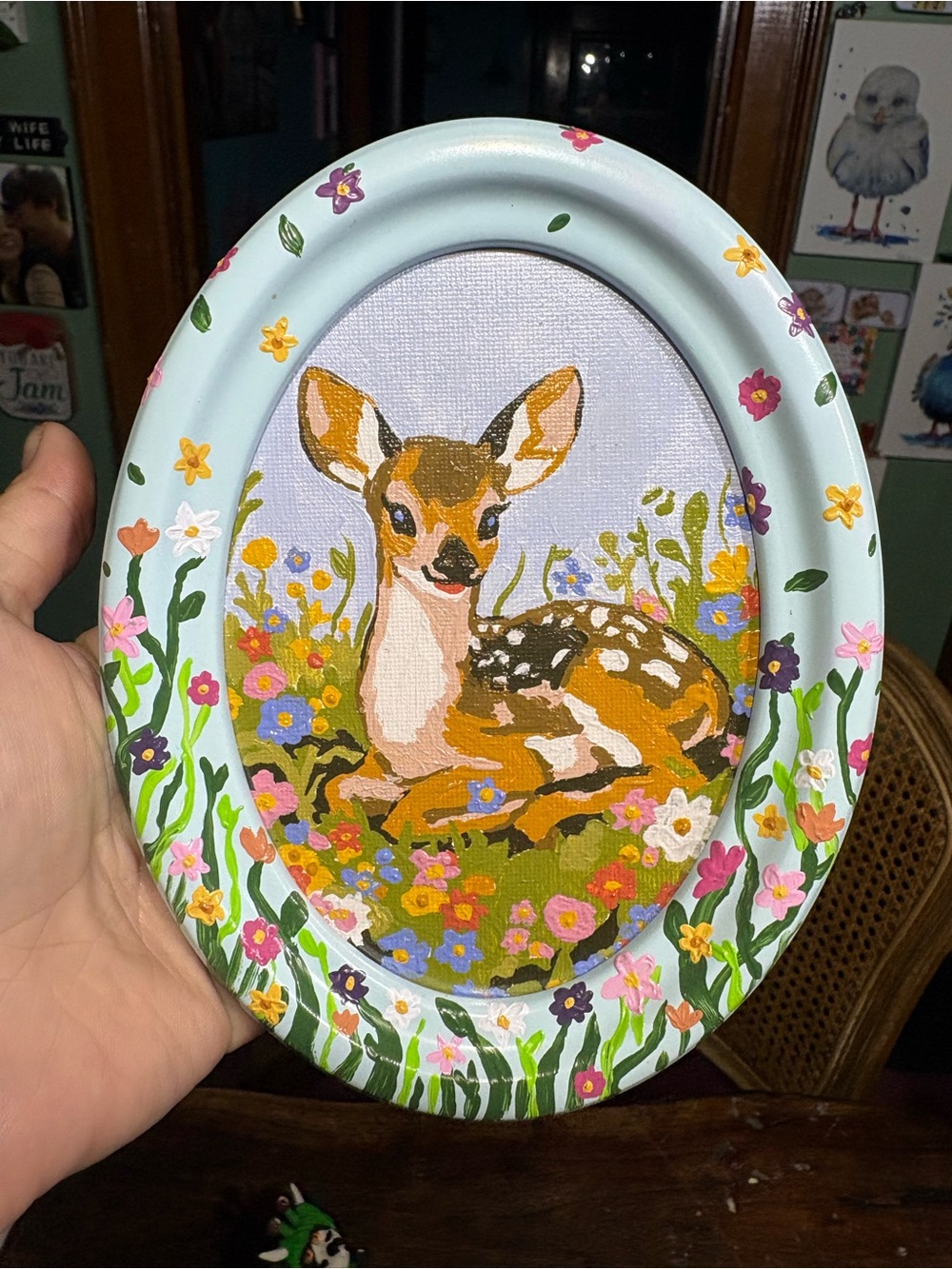 Hand-Painted Deer Floral Oval Wall Art - Light Blue Frame